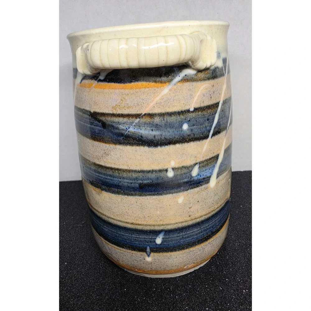 Studio Pottery Striped‎ Stoneware Vase Blue Tan Drip Glaze Lug Handles 7 Inch